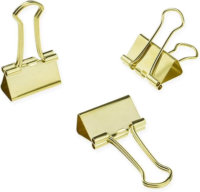 HAHIYO Binder Clips Paper Clamps Spring Steel Sturdy 0.98 inches Width 0.31 Inch Capacity No Sharp Edges Heavy Duty Tight Grip Reusable Gold Metal Bright Finish for Home Office School 25 Pack