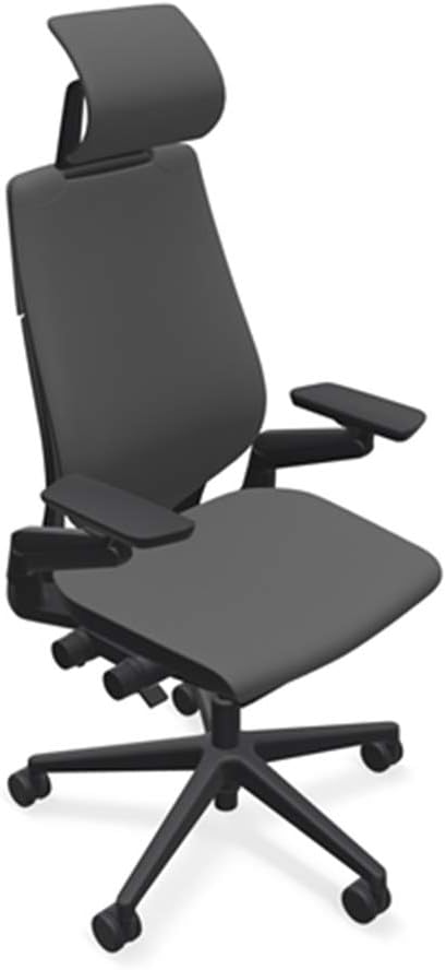 Steelcase Gesture Office Desk Chair with Headrest in Elmosoft Genuine Gunmetal L113 Leather Plus Lumbar Support High Black Frame