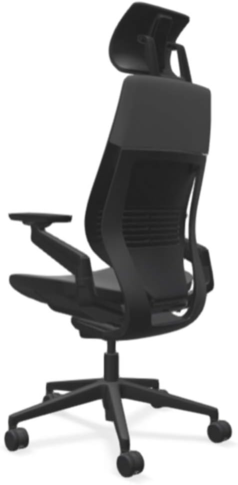 Steelcase Gesture Office Desk Chair with Headrest in Elmosoft Genuine Gunmetal L113 Leather Plus Lumbar Support Low Black Frame