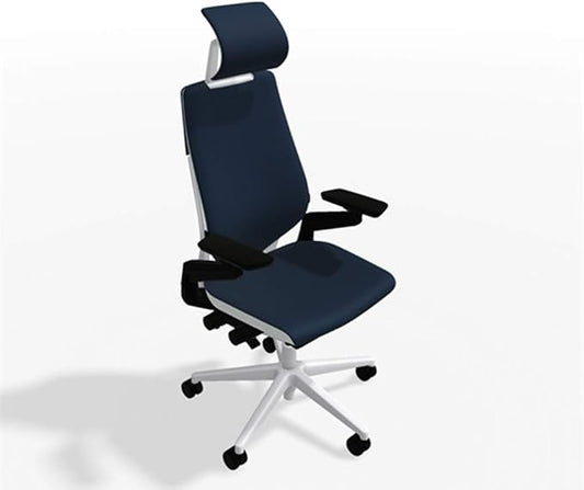 Steelcase Gesture Office Desk Chair with Headrest in Elmosoft Genuine Midnight Blue L111 Leather Plus Lumbar Support Low Platinum Metallic Frame with Seagull Seat/Back Merle Arms (Light/Light)