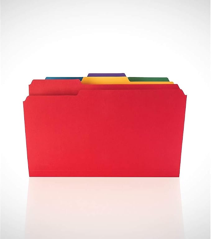 Staples File Folders, Legal Size, 1/3-Cut Tabs, Assorted, 100/Box | Heavy-duty paper stock for everyday legal-size document filing.
