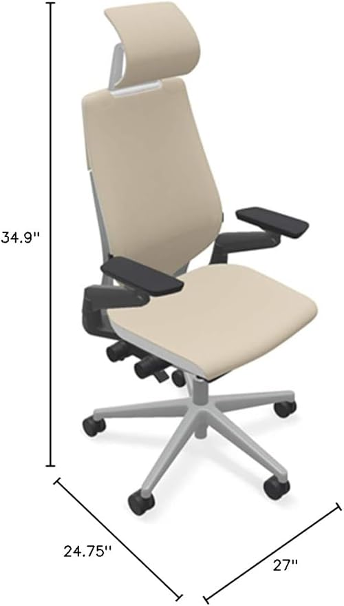 Steelcase Gesture Office Desk Chair with Headrest in Elmosoft Genuine Mica L114 Leather Plus Lumbar Support Low Platinum Metallic Frame with Seagull Seat/Back Merle Arms (Light/Light)