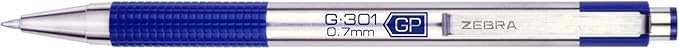 Zebra Pen G-301 Retractable Gel Pen, 0.7mm Medium Point, Stainless Steel Barrel, Textured Grip, Easy Glide Ink Provides a Smooth and Skipless Writing Experience, Blue Ink, 4-Pack (41324)