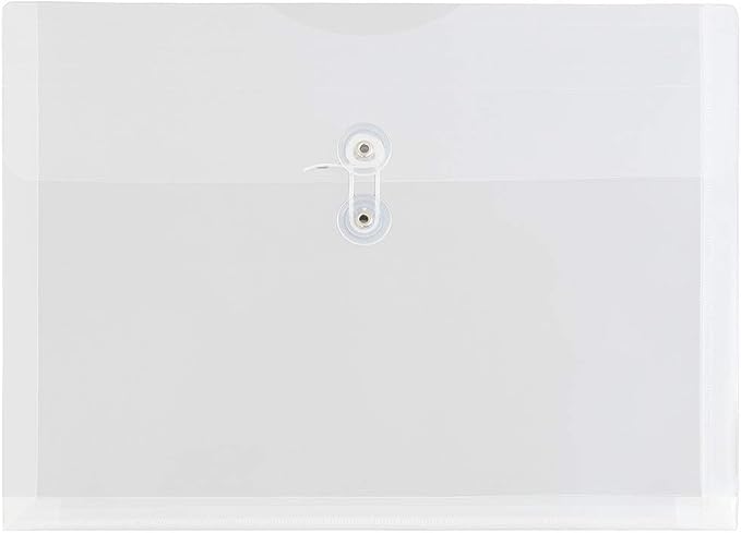 JAM PAPER Plastic Envelopes with Button & String Tie Closure - Letter Booklet - 9 3/4 x 13 - Clear - 12/Pack