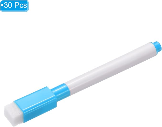 PATIKIL Dry Erase Marker Pens Light Blue Ink Point with Eraser Cap 30Pcs | Marker Pens with Eraser Cap for Office Home Classroom, White Pen Rod