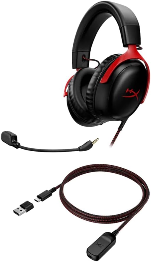 HyperX Cloud III – Wired Gaming Headset,PC,PS5,Xbox Series X|S,Angled 53mm Drivers,DTS Spatial Audio,Memory Foam,Durable Frame,Ultra-Clear 10mm Mic,USB-C,USB-A,3.5mm – Black/Red,(Pack of 10)