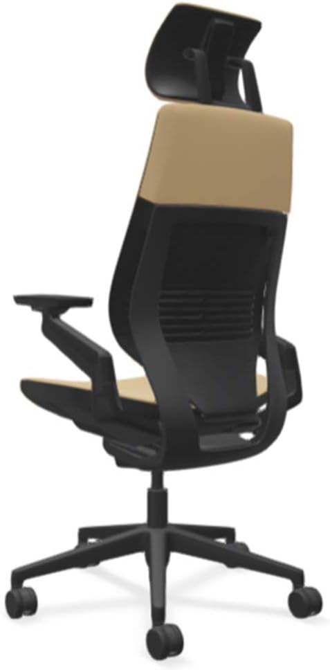 Steelcase Gesture Office Desk Chair with Headrest in Elmosoft Genuine Chamois L144 Leather Plus Lumbar Support Low Black Frame