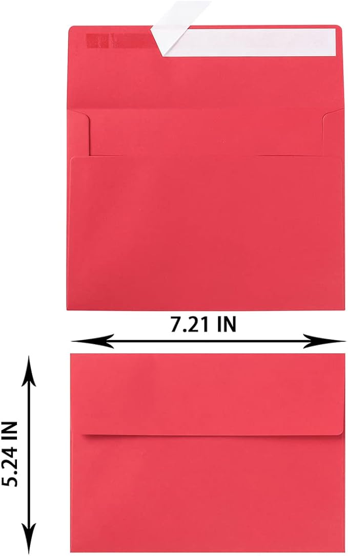 50 Pack 5 x 7 Envelopes Colored Self Seal for Wedding, Party Invitations, Greeting Cards, Announcements, Photos, 5.24 x 7.21 Inches (Red)