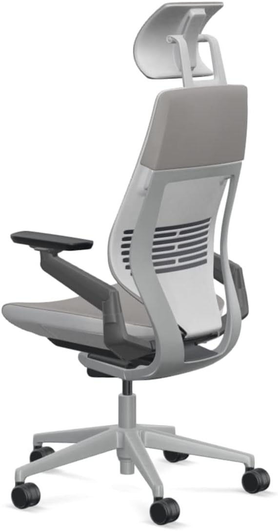 Steelcase Gesture Office Desk Chair with Headrest in Elmosoft Genuine Dove Grey L115 Leather Plus Lumbar Support Platinum Metallic Frame with Seagull Seat/Back Merle Arms (Light/Light)