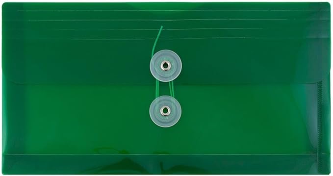 JAM PAPER Plastic Envelopes with Button & String Tie Closure - #10 Business Booklet - 5 1/4 x 10 - Green - 3/pack