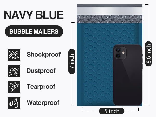 UCGOU Bubble Mailers 5x8.6 Inch Usable Size 5x7 Inch Navy Blue 50 Pack Padded Envelopes Small Business Mailing Packages Self Seal Adhesive Waterproof Boutique Shipping Bags for Jewelry Makeup Supplies