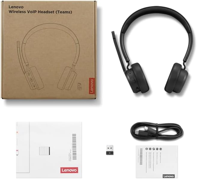Lenovo Wireless VoIP Headset Teams Certified, Noise-Canceling Mic, Bluetooth 5.3 Multipoint, USB-A Receiver, 31-Hour Talk & 60-Hour Playback, Lightweight Over-Ear Design, Replaceable Earcups