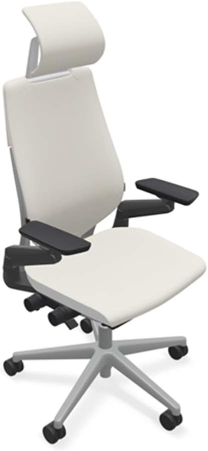 Steelcase Gesture Office Desk Chair with Headrest in Elmosoft Genuine White L151 Leather Plus Lumbar Support High Platinum Metallic Frame with Seagull Seat/Back Merle Arms (Light/Light)