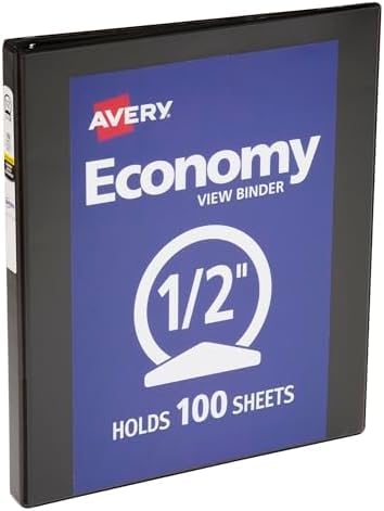 Avery Economy View 3 Ring Binder, 0.5" Round Rings, 100-Sheet Capacity, 0.7 Inch Wide Spine, Great for Home, School Supplies, Office, or Organization Needs, 1 Black Binder (05751) (Pack of 12)