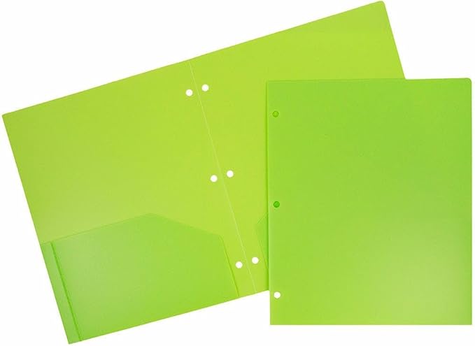 JAM PAPER Heavy Duty Plastic 3 Hole Punch Pocket Folders - Extra Tough School Folders - Lime Green - 3/Pack