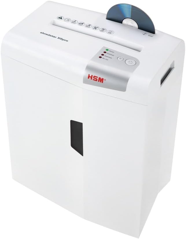 HSM shredstar X6pro, 6-Sheet Micro-Cut Paper/CD/Card Shredder, P-5 Security Level, 5.3 Gallon, White