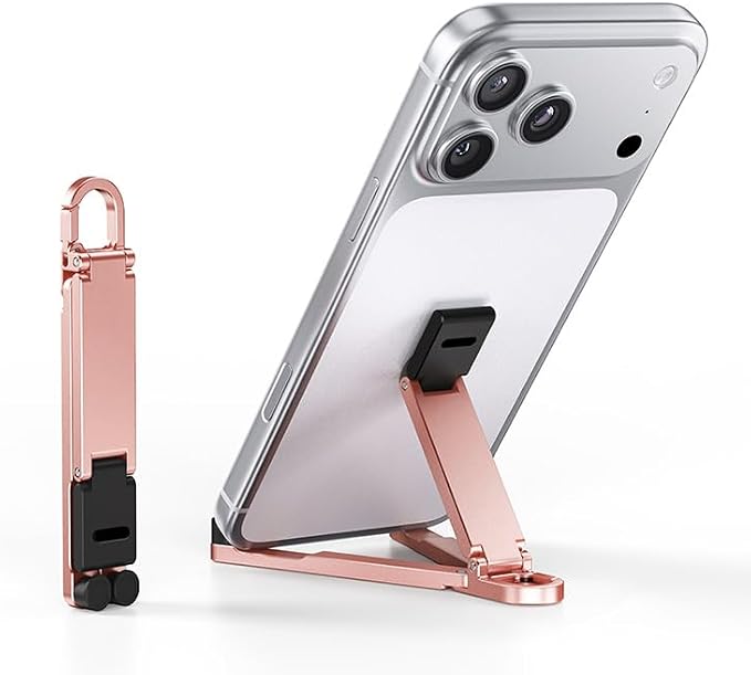 Portable Phone Stand, Foldable EDC Keychain Phone Holder with Snap Hook, Mini Aluminum Travel Cell Phone Stand for iPhone and Smartphones Under 8 Inches(Pink)