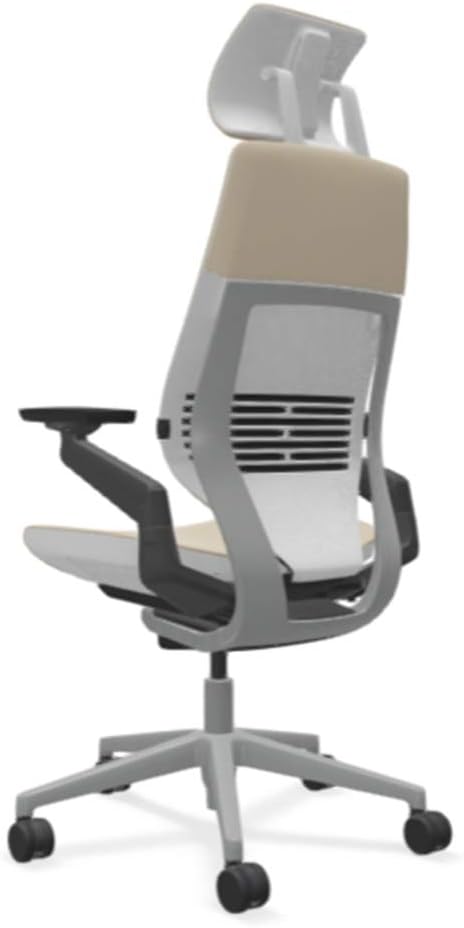 Steelcase Gesture Office Desk Chair with Headrest in Elmosoft Genuine Mica L114 Leather Plus Lumbar Support Low Platinum Metallic Frame with Seagull Seat/Back Merle Arms (Light/Light)