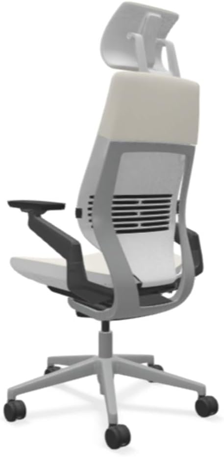 Steelcase Gesture Office Desk Chair with Headrest in Elmosoft Genuine White L151 Leather Plus Lumbar Support Low Platinum Metallic Frame with Seagull Seat/Back Merle Arms (Light/Light)