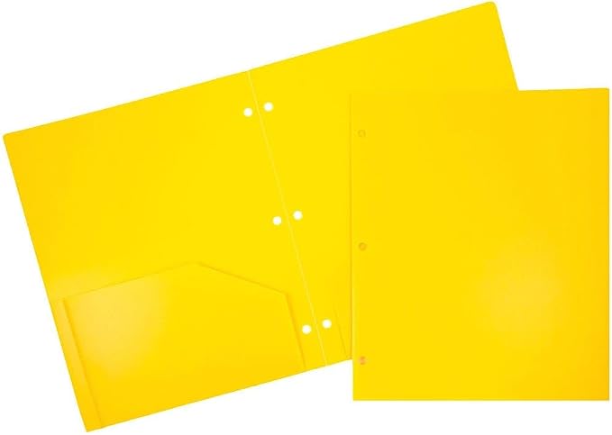 JAM PAPER Heavy Duty Plastic 3 Hole Punch Pocket Folders - Extra Tough School Folders - Yellow - 12/Pack