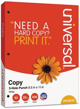 Universal 28230 Copy Paper, 92 Brightness, 20lb, 8-1/2 x 11, 3-Hole Punch, White (Case of 5000 Sheets)