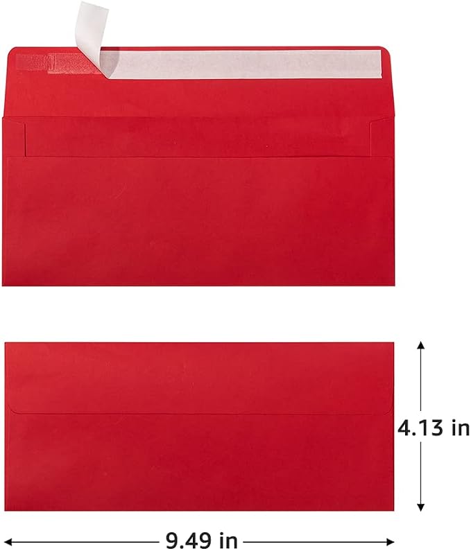 100 Pack Colored #10 Business Envelopes, 4.13 x 9.49 Inches, Red | Self Seal, Standard Envelopes, For Office Checks, Business Letter Mailing, Greeting Card