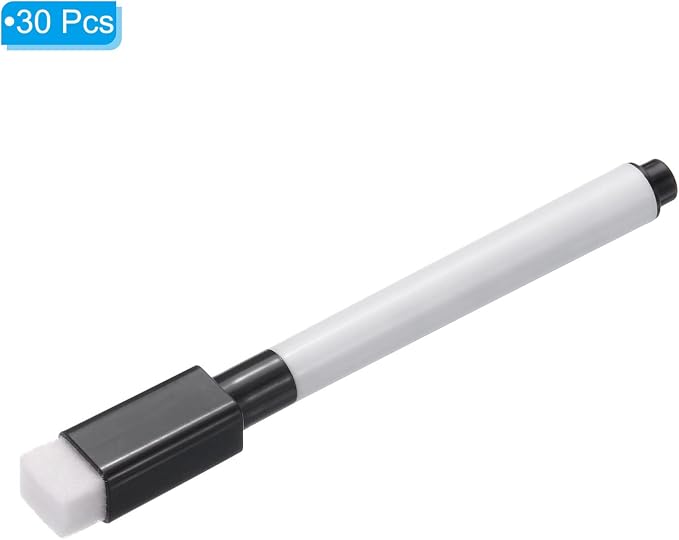 PATIKIL Dry Erase Marker Pens Black Ink Point with Eraser Cap 30Pcs | Marker Pens with Eraser Cap for Office Home Classroom, White Pen Rod