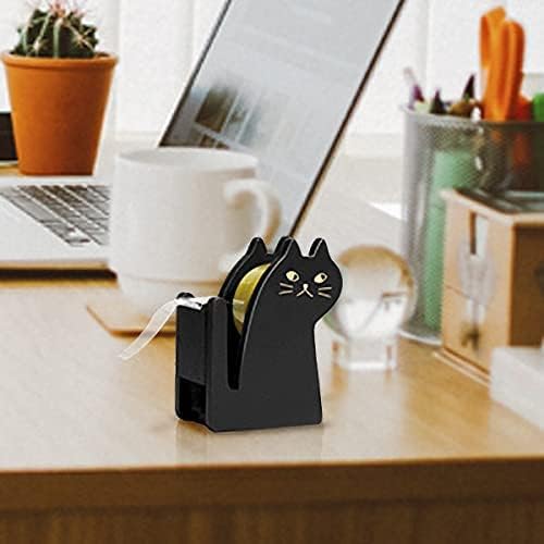Cute Cat Tape Dispenser,Vintage Wooden Kitty Tape Cutter with 1 Roll Tape for Home Office Desktop Accessory (Black)