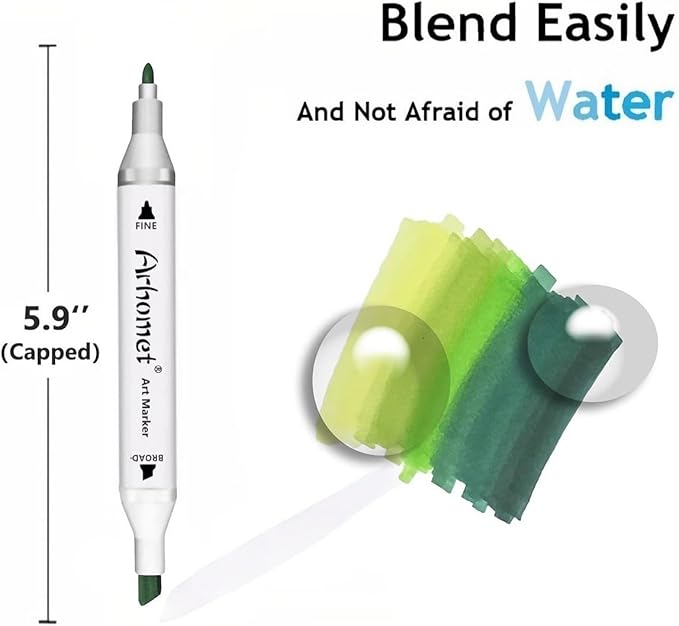 Arhomet 6pcs Green Forest Trees Grass Colors Alcohol Markers Set, Dual Tips Art Markers Drawing Sketched Double Tipped for Adults Beginner Artists (Green)