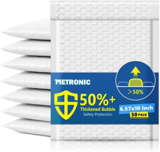 Metronic Bubble Mailers 6.57x10" 50 Pack Padded Envelopes with 1/7" Thickened Bubble Waterproof Mailing Envelopes Usable Size 6.57x9" Shipping Bag for Fragile Products, 6x9 Items,Small Business, White