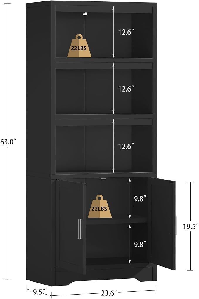 Book Shelf and Bookcase with Doors, 5-Tier Display Storage Cabinet with Adjustable Shelves, Open Compartments, Remote Control LED Lights, Tall cabinet for Bathroom Kitchen Living Room, Home Office