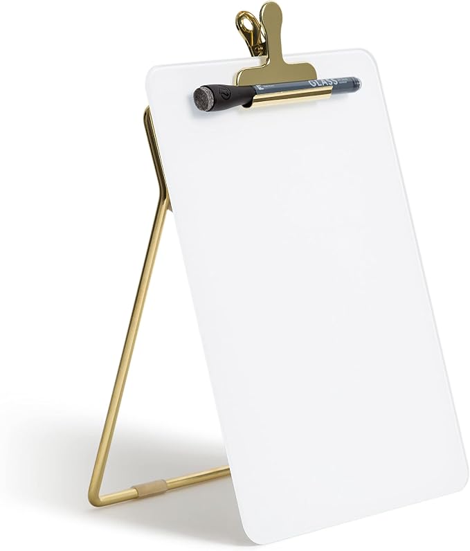 U Brands Desk Whiteboard Easel, Glass Dry Erase Board, Gold Wire Stand | A small white board and standing clipboard in one, with a marker whose cap is its own eraser and a clip that holds papers.
