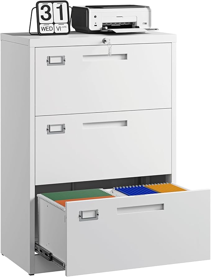 3 Drawer File Cabinets with Lock,Metal Lateral Filing Storage Cabinet Printer Stand,White Steel Home Office Cabinet for Hanging Files Letter/Legal/A4 Size (White, H39.84×W28.35×D15.74)