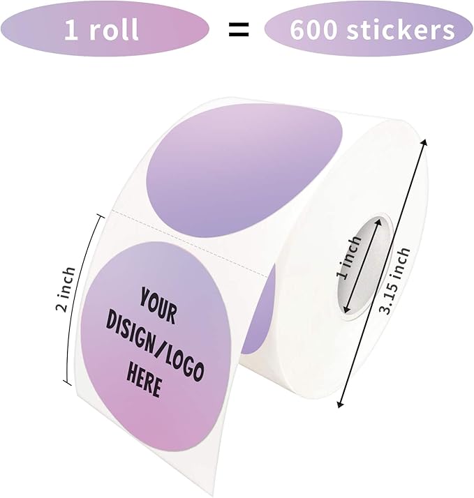 2 Inch Purple Round Thermal Sticker Labels, Self-Adhesive Circle Direct Thermal Labels, Multi-Purpose Roll Sticker Labels for DIY Logo Design, QR Code, Name Tag（ 600 Labels，1 Roll）