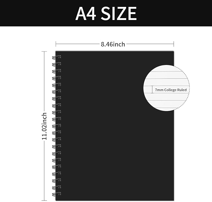 Lined Spiral Notebook 8.5"x11" Black Hardcover Journal 100GSM | A4 large size,4 pack,160 pages,100gsm thick paper no ink bleed,7mm college ruled, for Note Taking School Office Supplies