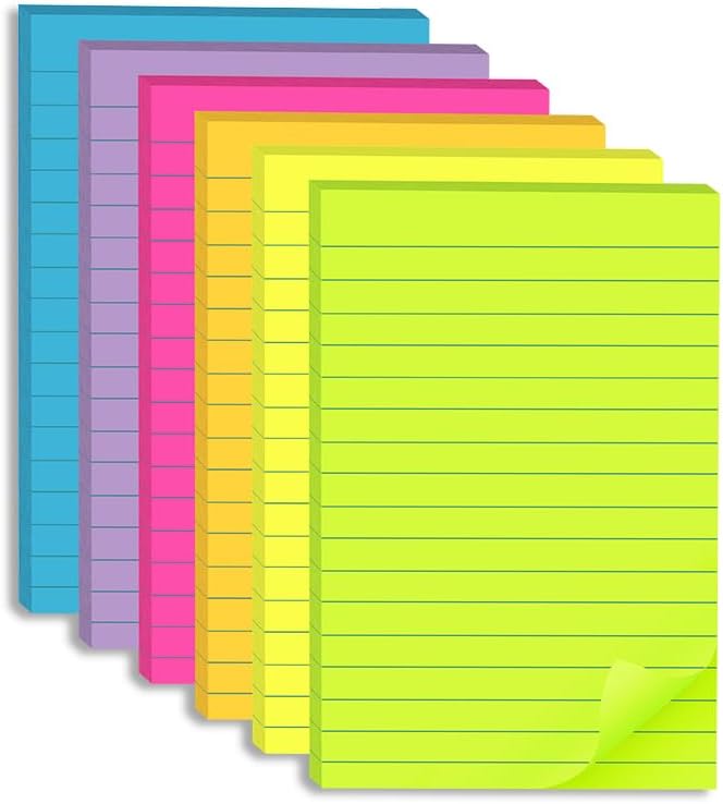 (6 Pack) Lined Sticky Notes 4x6 in,Large Notepads with Lines,Ruled Stickies Super Sticking Power,Office School Memo Note Pads Bright Colors,Post on Windows Doors,Recyclable,Easy to Write on