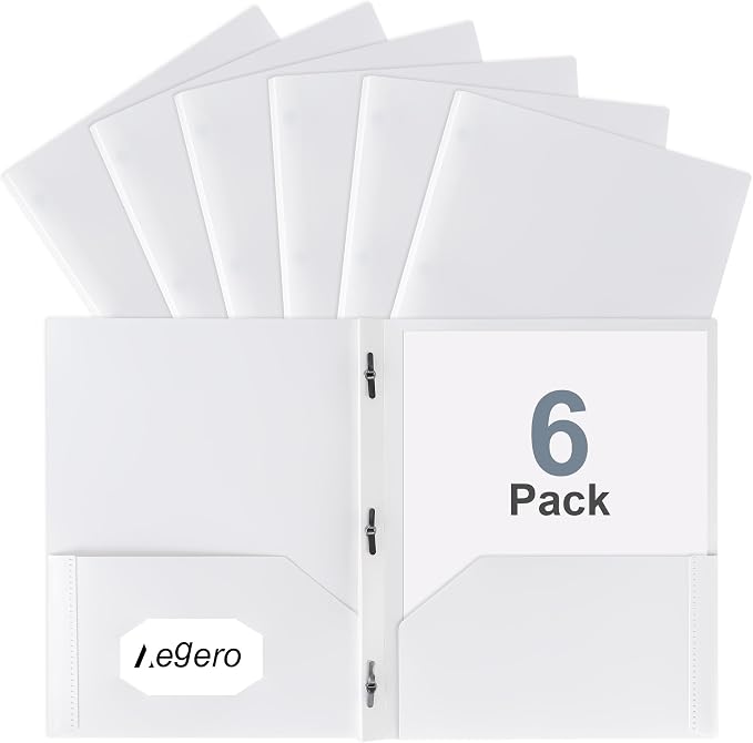Folders with Pockets and Prong with Fasteners (6 Pack, White) | Durable Plastic Pocket Folders with Prongs,Tear Resistant,2 Pocket 3 Prong Folders for Schoolwork & Office,Letter Size