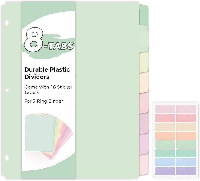 SKYDUE 8 Tab Write & Erase Durable Plastic Dividers for 3 Ring Binders | Letter Size Binder Dividers with Sticker Labels,Aesthetic Pastels Divider Perfect for School, College & Office Life,1 Set