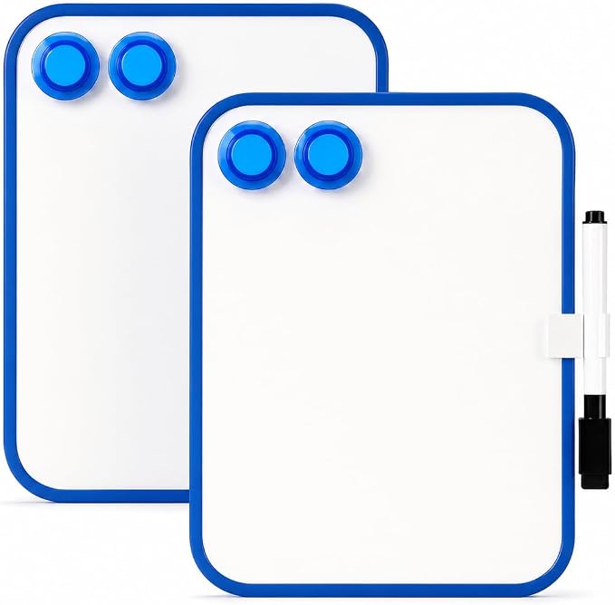 2 Pack Magnetic Dry Erase Board 6" x 8", Mini Whiteboard with Marker, Magnets & Pen Holder, Small Magnetic Whiteboard for Fridge, Locker, Office Desk, Kitchen, School & Home Organization(Blue)