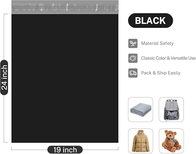 Metronic Poly Mailers 19x24 Inch 2000pcs Black, Large Shipping Bags for Clothes,Self Adhesive Shipping Envelopes for Small Business,Waterproof Mailers Poly Bags for Shipping,Packaging Mailing Bags