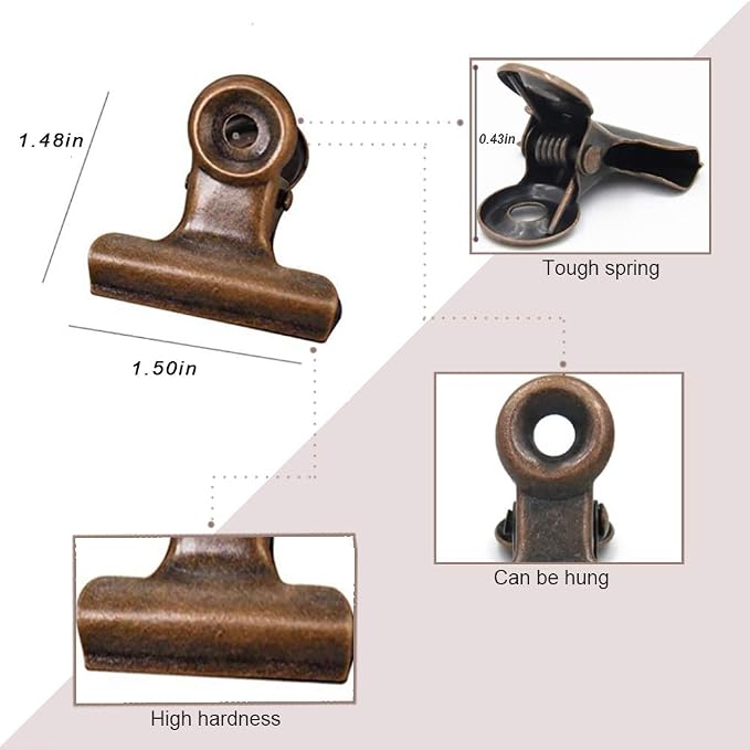 Bulldog Clips with Hole for Push-pin, Paper File Clips with Strong Spring, Small Metal Binder Clips, Seal Clamps for Coffee Tea Food Bags, Decorative Clips for DIY Photo Grid (Copper, 38 mm)