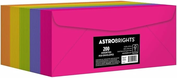 Astrobrights Color 10 Envelopes, 4.125" x 9.5", 24 Lb/89 Gsm, "Happy" 5-Color Assortment, 200 Pack (92109)