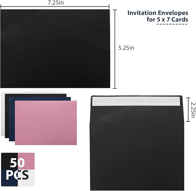 50 Packs A7 Envelopes,5x7 Envelopes,5x7 Envelopes for Invitations,Printable invitation envelope,Photos, postcards, greeting cards, mailings, Wedding Self-sealing Envelopes (Black)