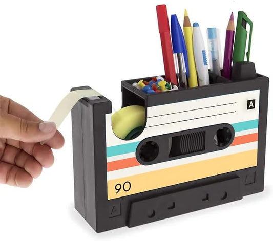 Retro Cassette Heat Tape Dispenser with Pen Holder for Desk Vintage 80s Office Mate Recycled 2-in-1 Office Stationery Storage (Yellow Tape)