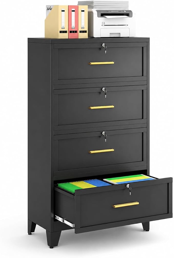 4 Drawer File Cabinet with Lock, Wide Metal Cabinet for Home Office | Wide lateral file cabinet for Letter, Legal, A4 and F4 hanging folders; individual locks, adjustable feet, anti-tip design