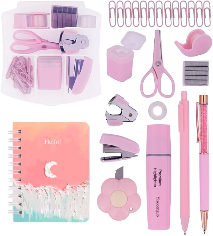 Mini Office Supply Kit Includes Stapler Tape Dispenser Staple Remover Paper Clips Scissor Notebook Highlighter Ballpoint Pen Small Telescopic for Office and School -Notebook Color Random(Pink Set)