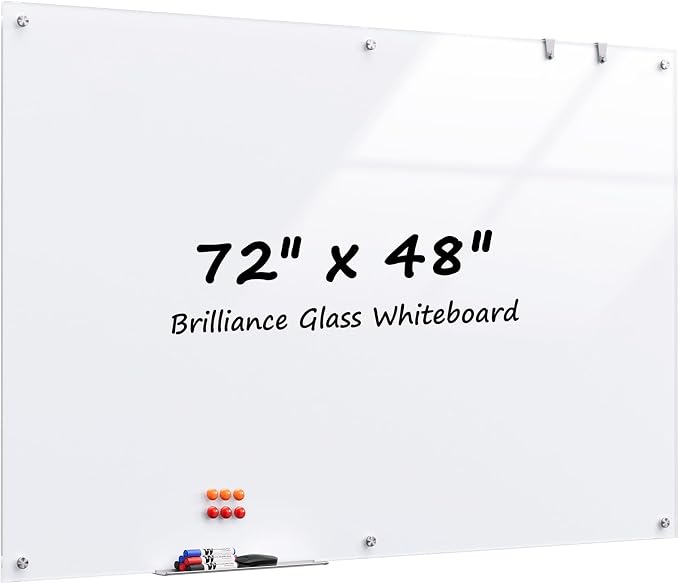 MaxGear Glass Whiteboard Tempered Glass Magnetic Dry Erase Board 72" x 48" | Tempered Glass, Sleek Modern Design, Smooth Writing, Easy Erase, Magnetic Surface, Frameless Design, Wall Mounted, Office Use