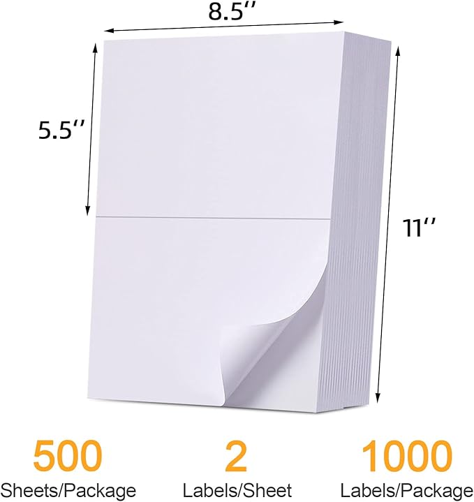 (1000 Labels/500 Sheets)Labelebal Half Sheet Self Adhesive Shipping Labels for Laser & Inkjet Printers, 8.5" x 5.5" Shipping Mailing Labels, 2 Per Page Shipping Labels, 5 1/2 x 8 1/2 Half Sheet Labels