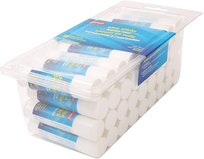 Staples Washable Glue Sticks, Clear, 8g, 36-Pack | Bulk easy-clean adhesive for classrooms and craft projects.