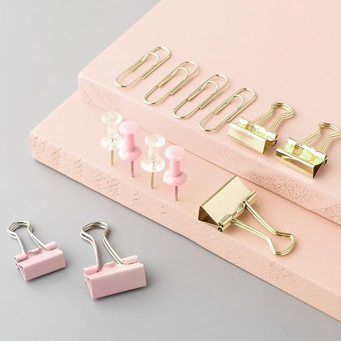 Paper Clips Binder Push Pin Set, Assorted Sized Binder Clips | Cute Office Supplies, Aesthetic Desk Accessories Teachers Desk Must Have, Paper Clips and Binder Clips Set, Gold, 3 Pack